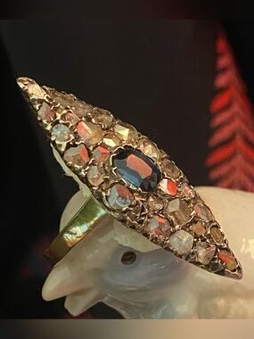 Sapphire and salt pepper diamond marquis ring-antique